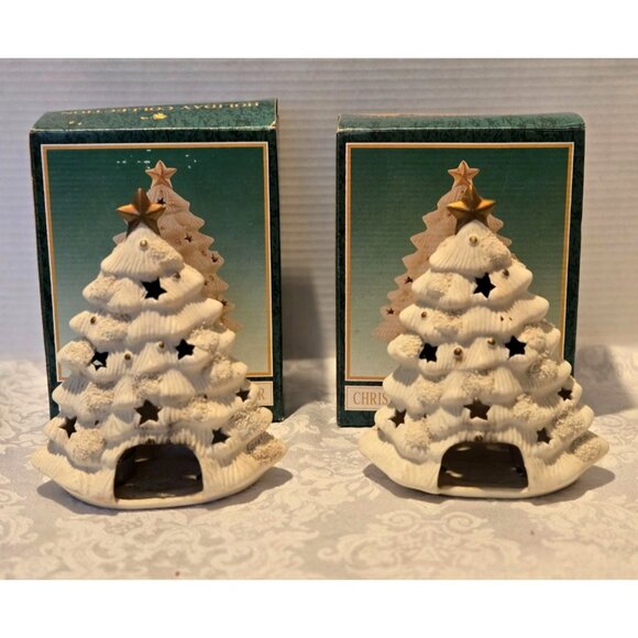 Ceramic Christmas Tree Votive Holder Vintage 1980s In Original Box Set of 2 - Picture 3 of 7